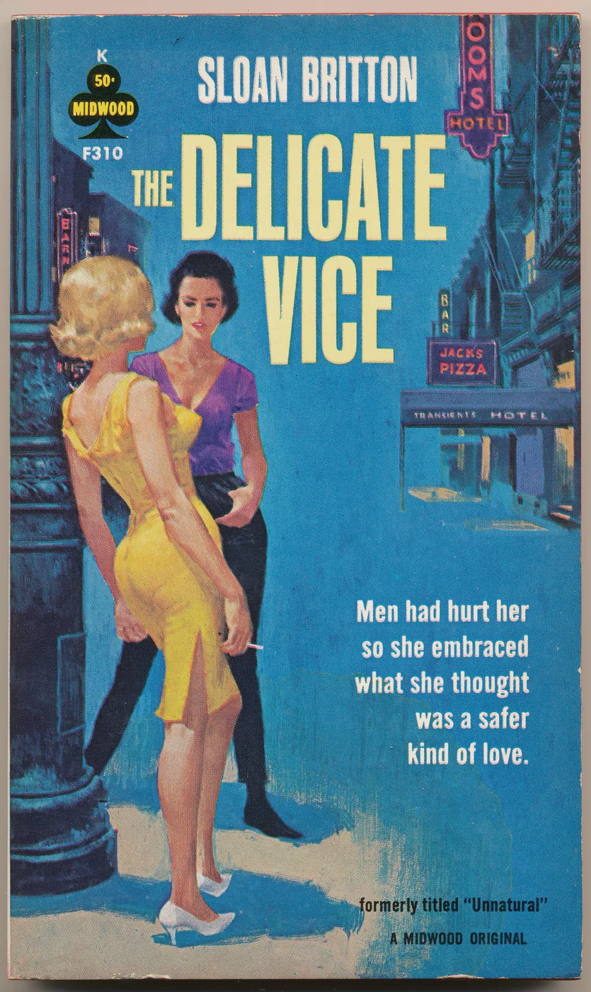 Vintage 1950s lesbian pulp book cover art print showing two women under glowing neon signs in a blue-toned noir city scene with bold yellow typography.