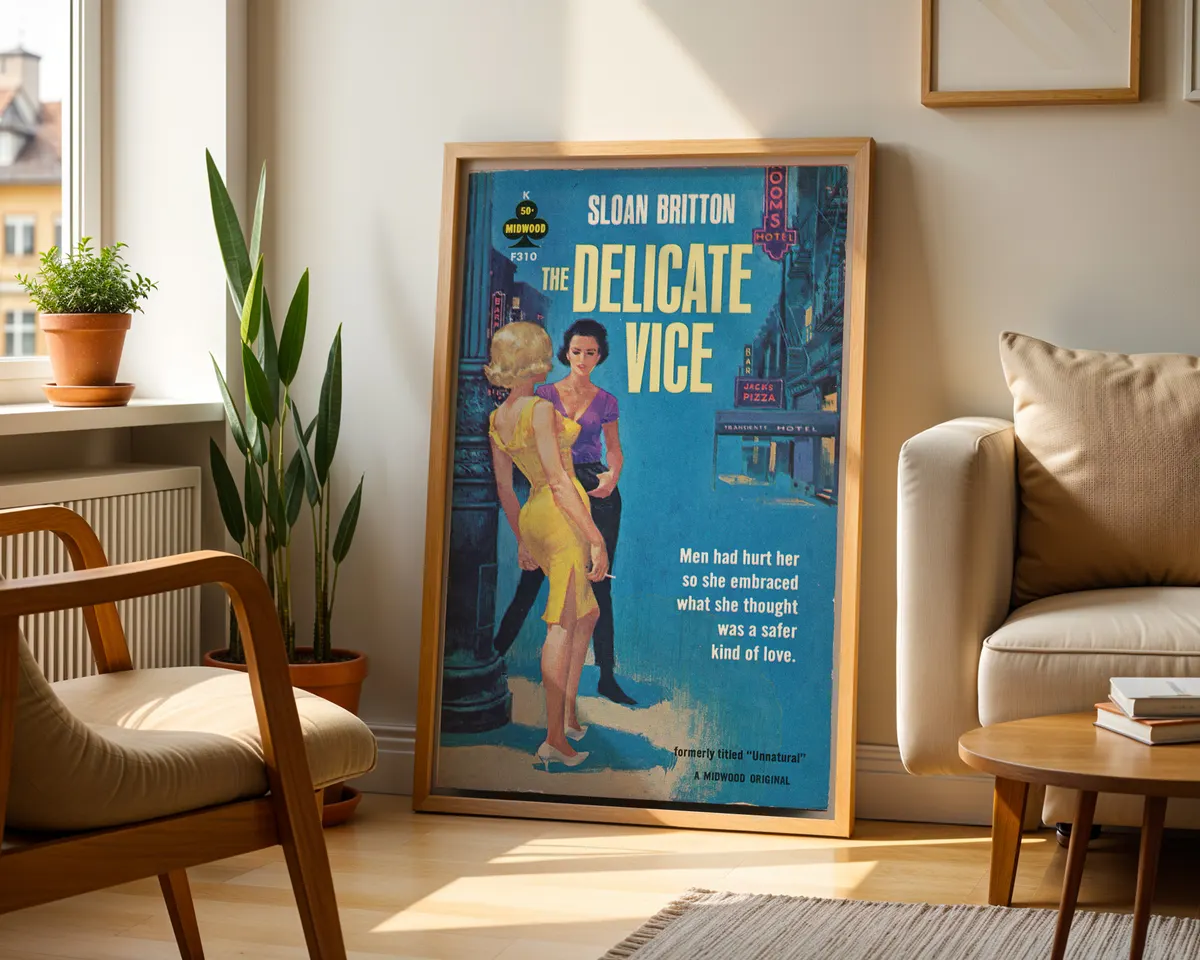 Vintage 1950s lesbian pulp book cover art print showing two women under glowing neon signs in a blue-toned noir city scene with bold yellow typography. — photo 2