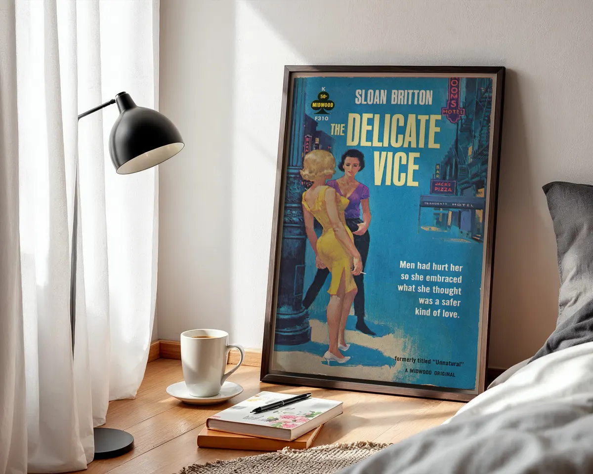Vintage 1950s lesbian pulp book cover art print showing two women under glowing neon signs in a blue-toned noir city scene with bold yellow typography. — photo 3