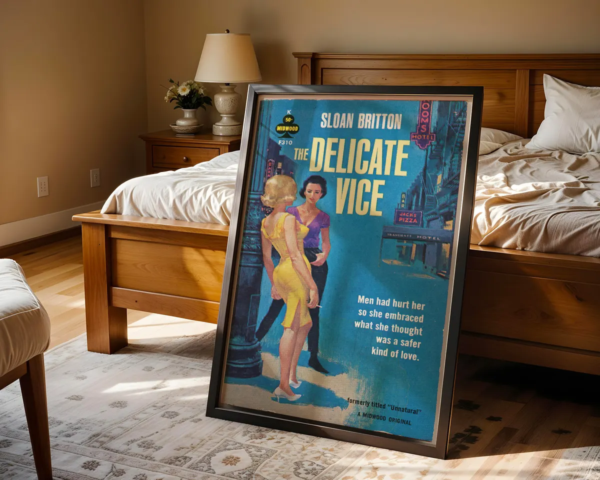 Vintage 1950s lesbian pulp book cover art print showing two women under glowing neon signs in a blue-toned noir city scene with bold yellow typography. — photo 4