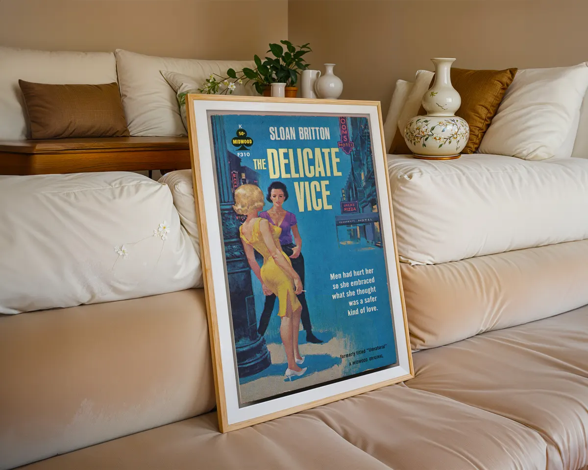 Vintage 1950s lesbian pulp book cover art print showing two women under glowing neon signs in a blue-toned noir city scene with bold yellow typography. — photo 6