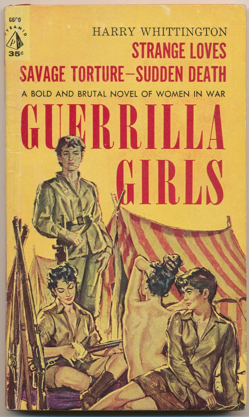 Vintage 1950s pulp war novel cover art print with illustrated women soldiers in bold yellow and red, dramatic wartime scene in retro paperback style.