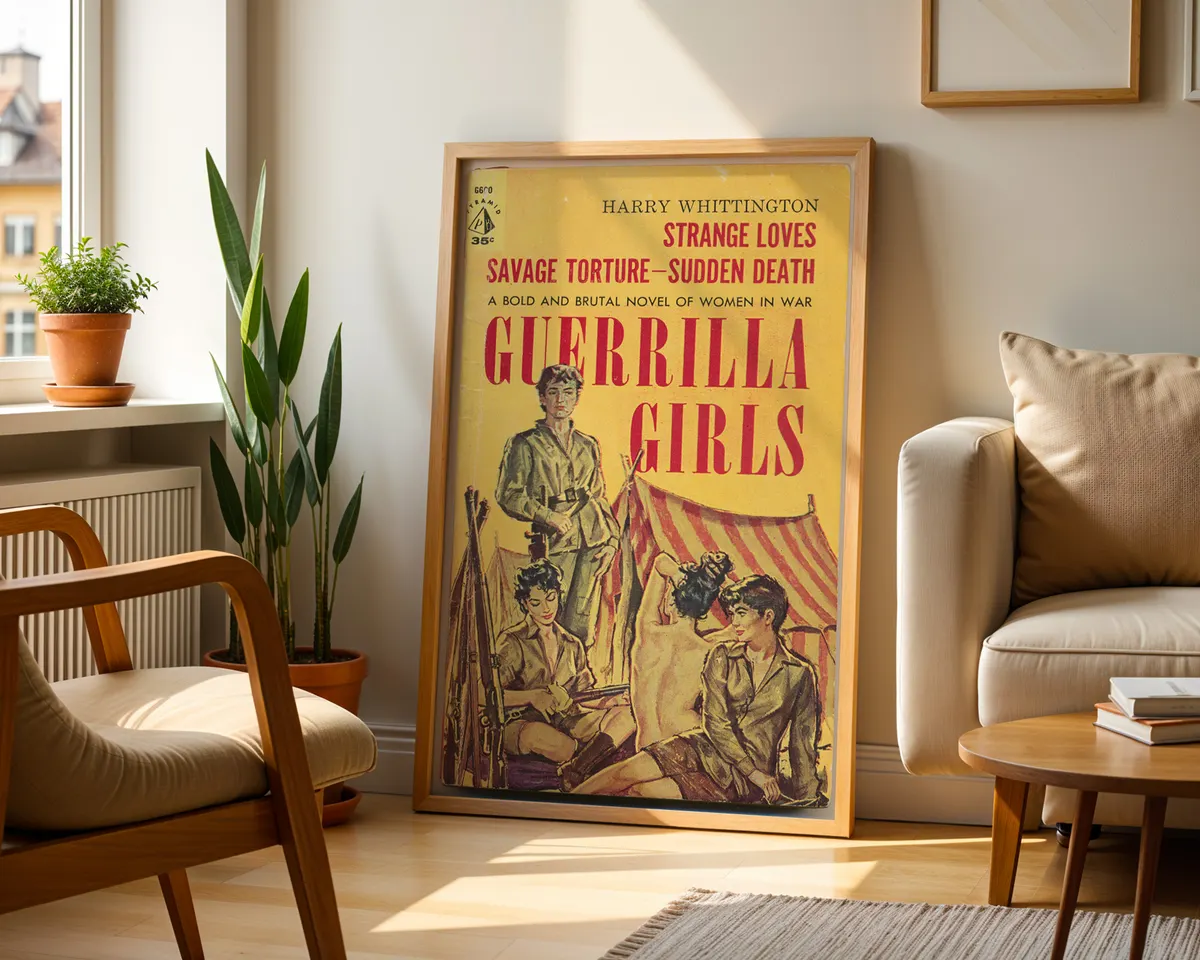 Vintage 1950s pulp war novel cover art print with illustrated women soldiers in bold yellow and red, dramatic wartime scene in retro paperback style. — photo 2