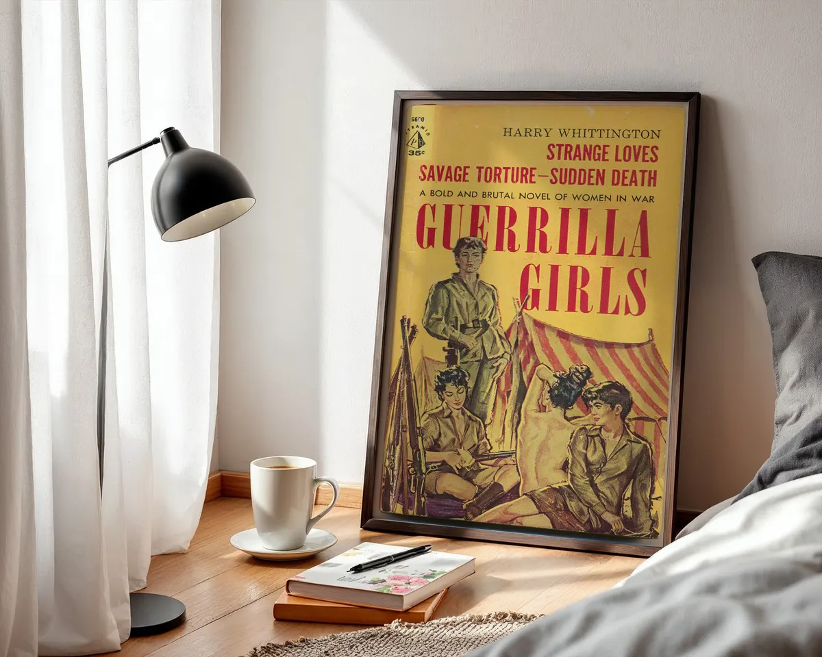Vintage 1950s pulp war novel cover art print with illustrated women soldiers in bold yellow and red, dramatic wartime scene in retro paperback style. — photo 3