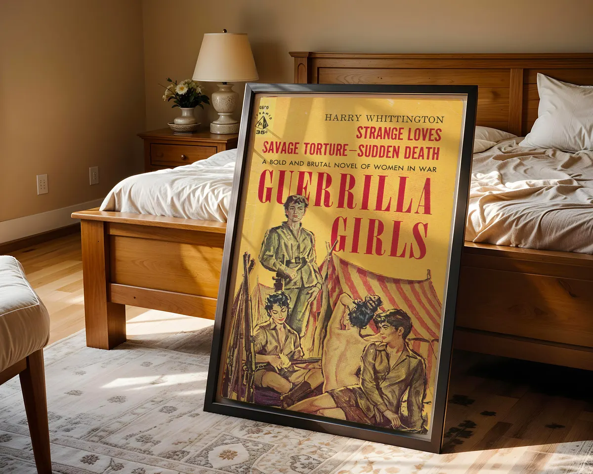 Vintage 1950s pulp war novel cover art print with illustrated women soldiers in bold yellow and red, dramatic wartime scene in retro paperback style. — photo 4