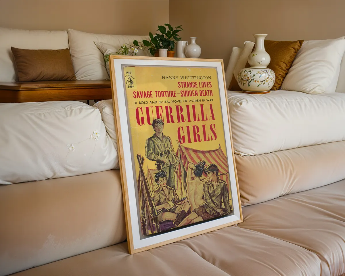 Vintage 1950s pulp war novel cover art print with illustrated women soldiers in bold yellow and red, dramatic wartime scene in retro paperback style. — photo 6
