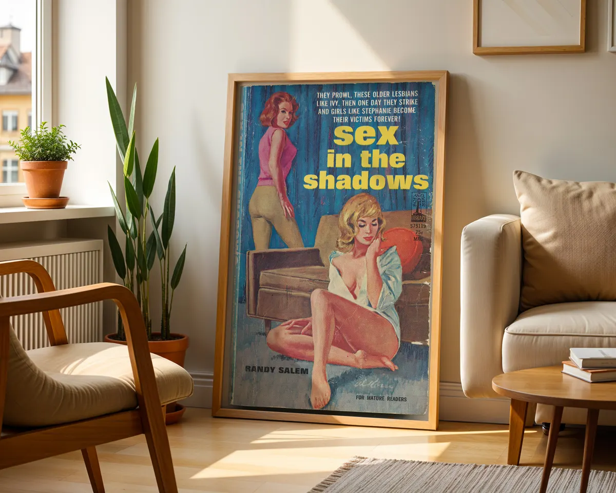 Moody blue 1950s sapphic pulp fiction cover art print of two women in an intimate noir scene with bold yellow retro typography. — photo 2