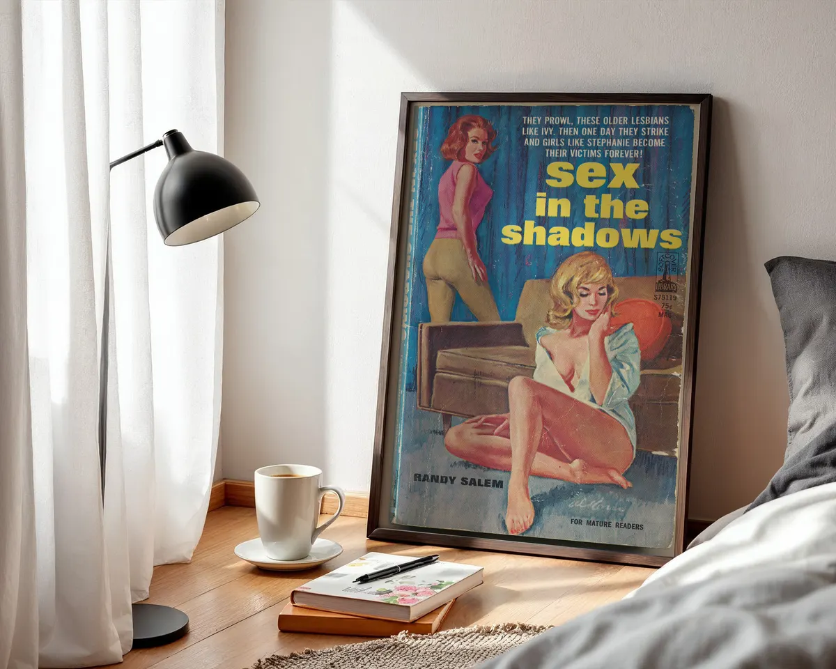 Moody blue 1950s sapphic pulp fiction cover art print of two women in an intimate noir scene with bold yellow retro typography. — photo 3