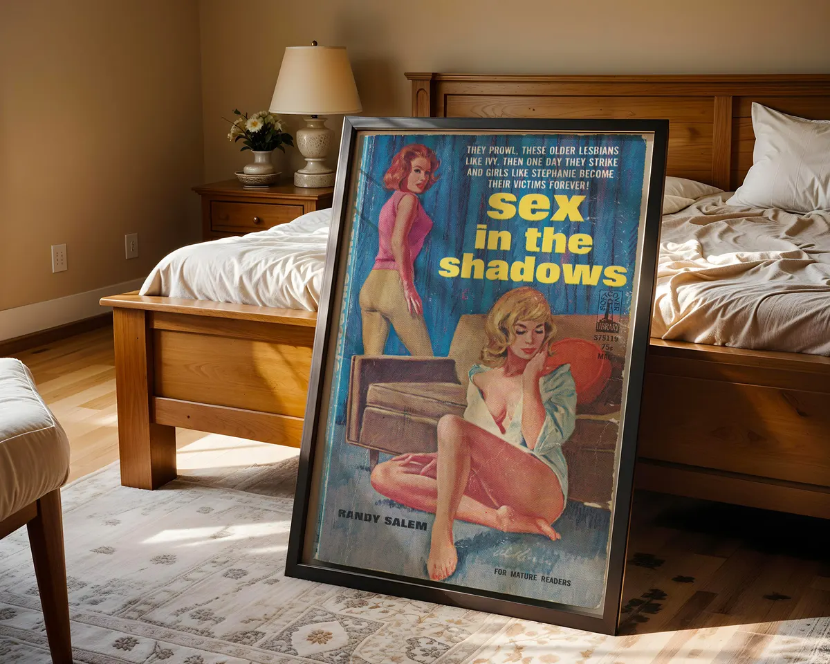 Moody blue 1950s sapphic pulp fiction cover art print of two women in an intimate noir scene with bold yellow retro typography. — photo 4