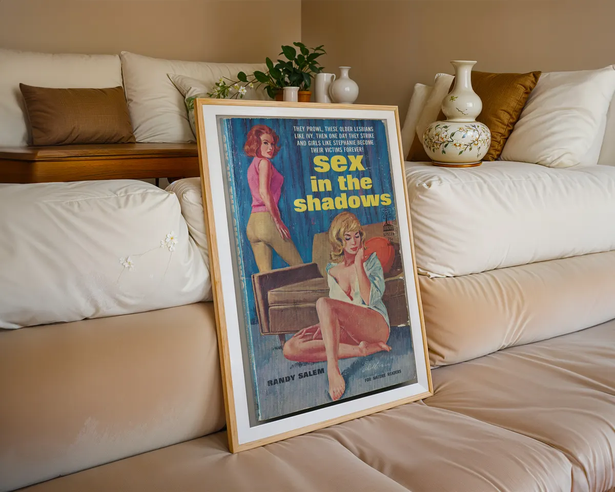 Moody blue 1950s sapphic pulp fiction cover art print of two women in an intimate noir scene with bold yellow retro typography. — photo 6