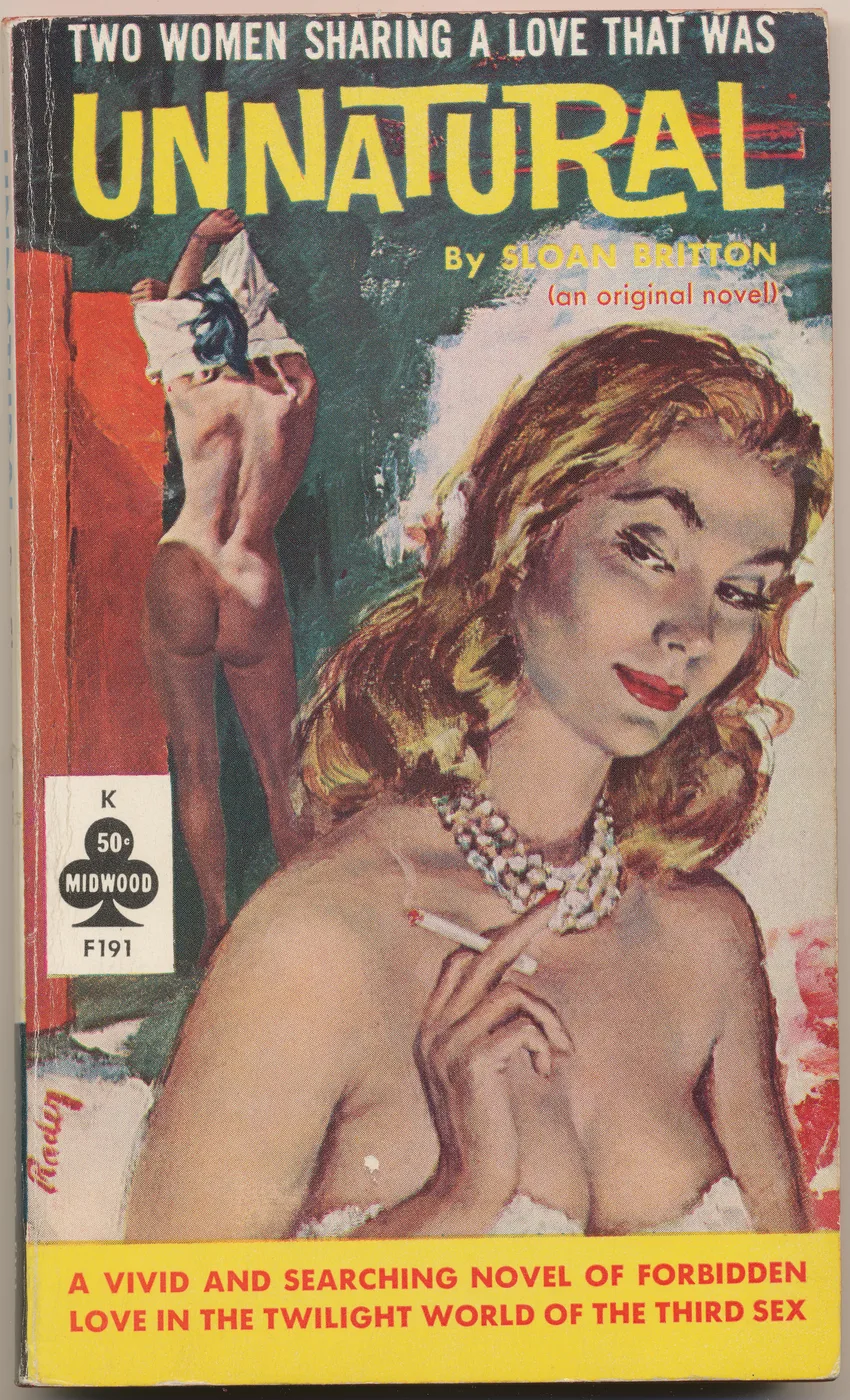 Vintage 1950s pulp novel cover art print of a glamorous woman with pearls and a cigarette in rich green and red jewel tones with bold yellow title text.