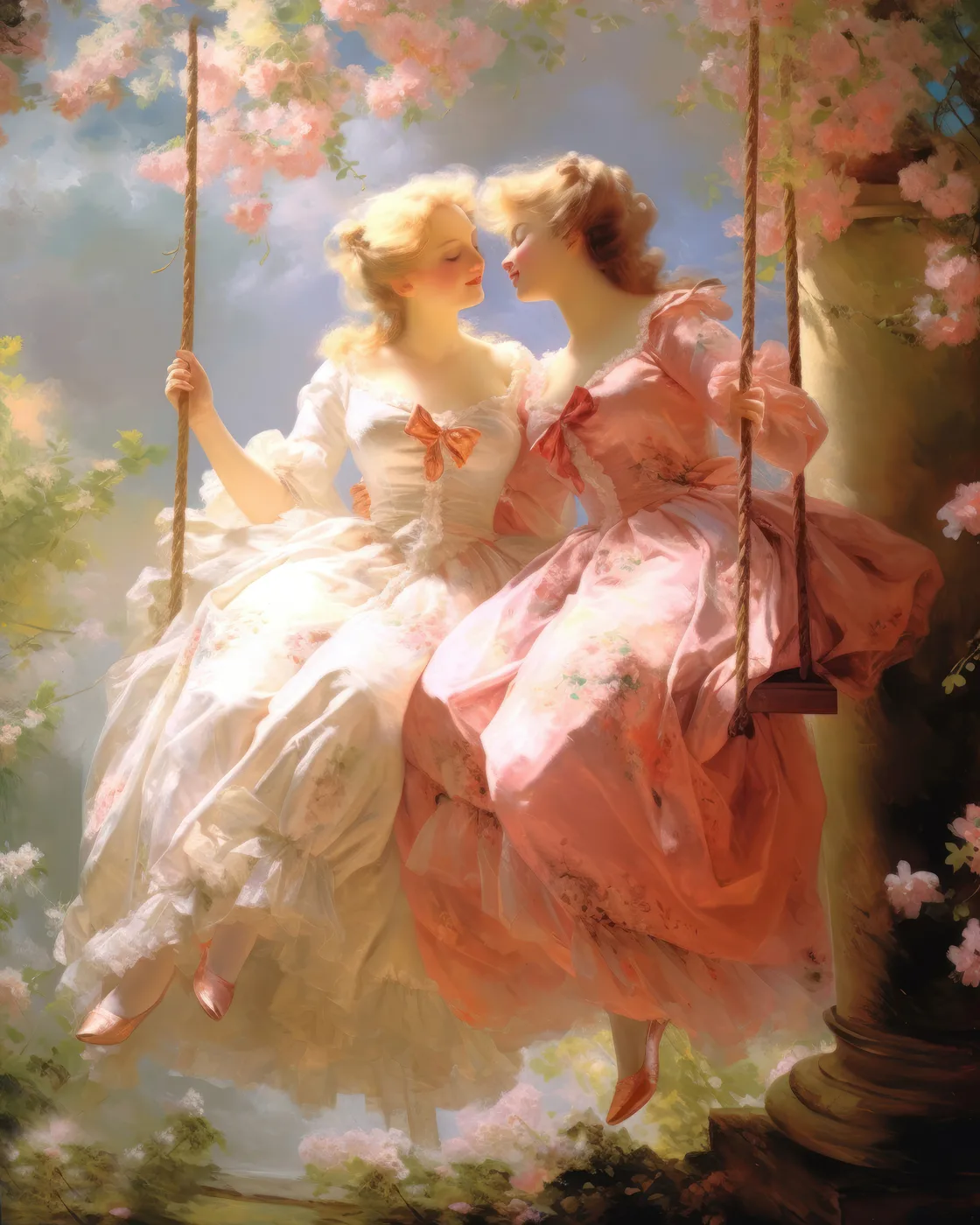 Romantic classical-style art print of two women in pastel gowns sharing a garden swing beneath blooming pink cherry blossoms in soft golden light.