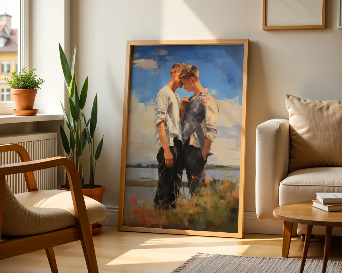 Romantic classical-style art print of two women in pastel gowns sharing a garden swing beneath blooming pink cherry blossoms in soft golden light. — photo 2
