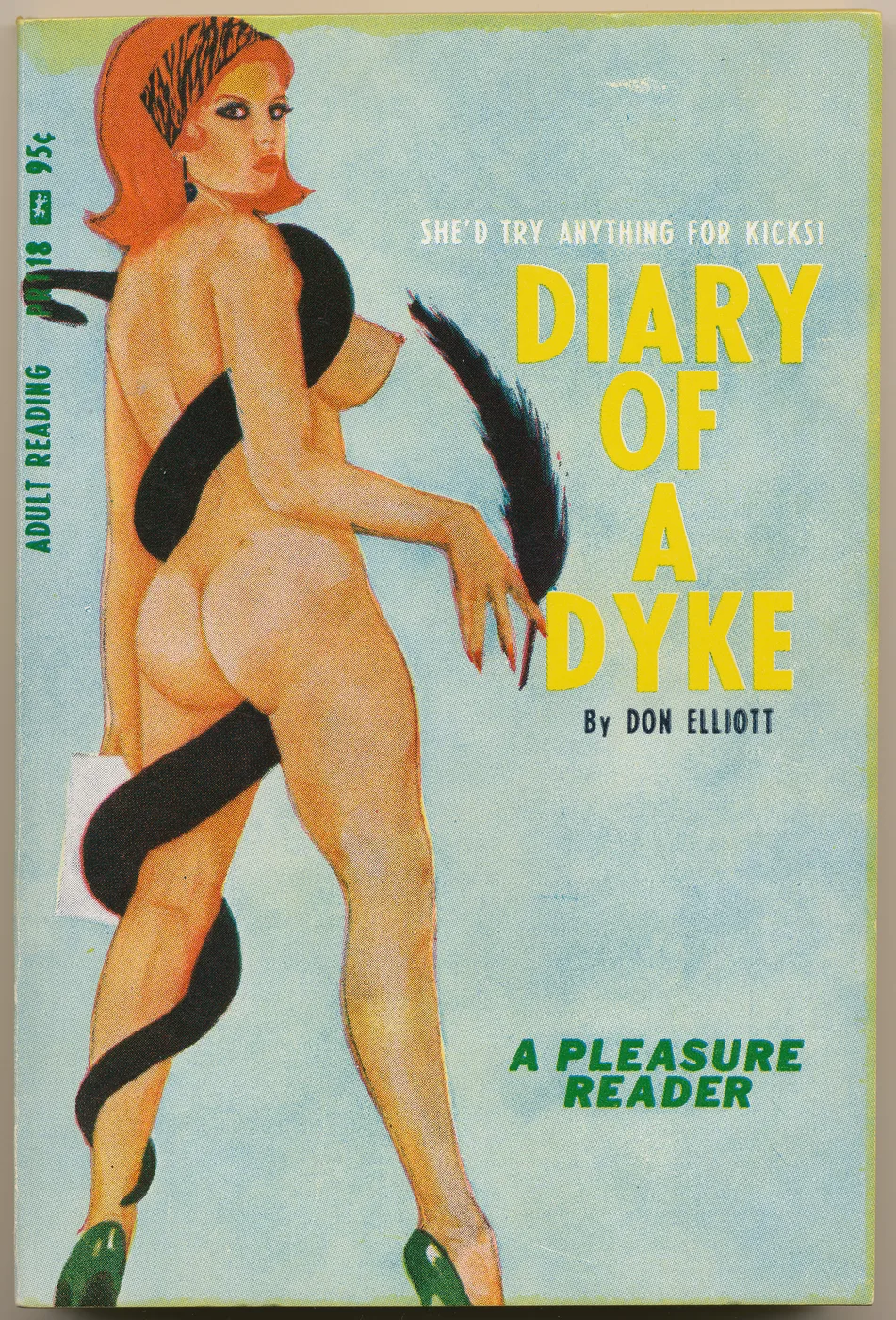 Vintage 1950s lesbian pulp cover art print of an illustrated red-haired woman in a dramatic pose on light blue with bold yellow typography.