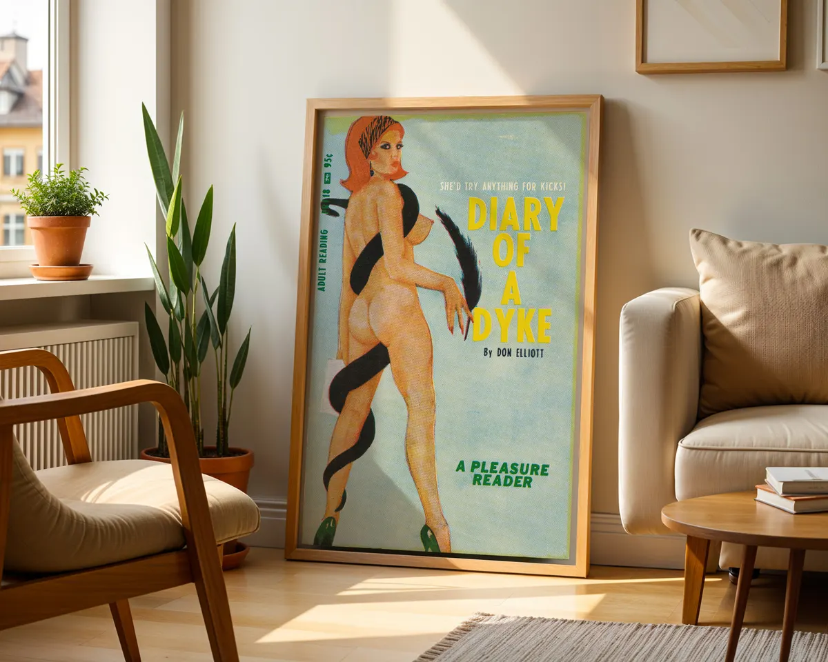 Vintage 1950s lesbian pulp cover art print of an illustrated red-haired woman in a dramatic pose on light blue with bold yellow typography. — photo 2