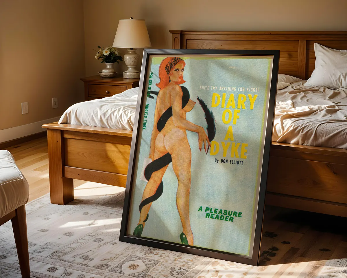 Vintage 1950s lesbian pulp cover art print of an illustrated red-haired woman in a dramatic pose on light blue with bold yellow typography. — photo 4