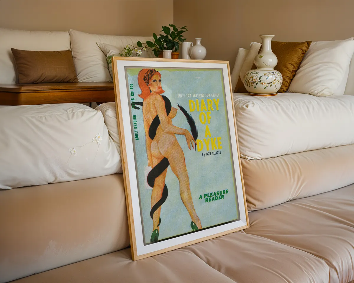 Vintage 1950s lesbian pulp cover art print of an illustrated red-haired woman in a dramatic pose on light blue with bold yellow typography. — photo 6