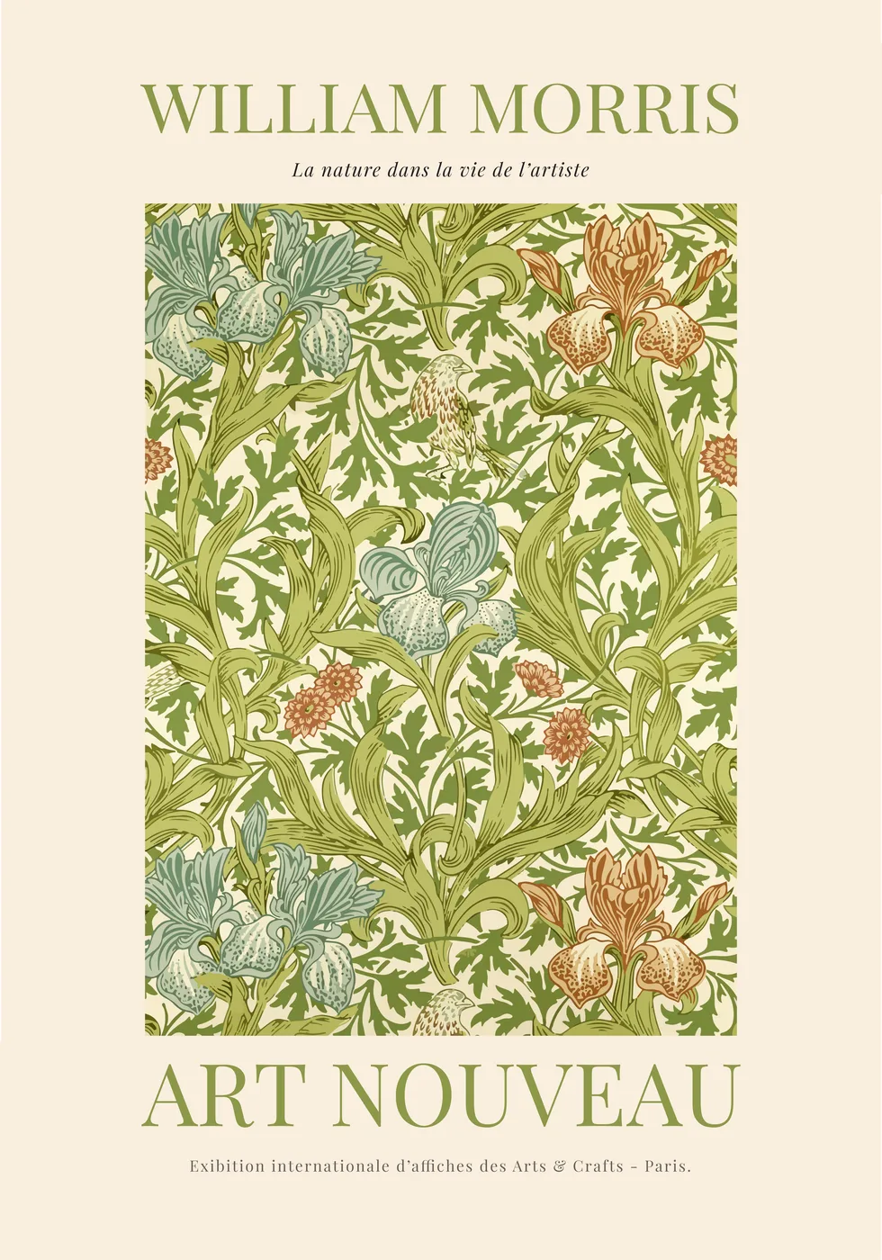 William Morris style botanical art nouveau poster with a dense pattern of leaves and flowers in rich jewel greens and warm earth tones.