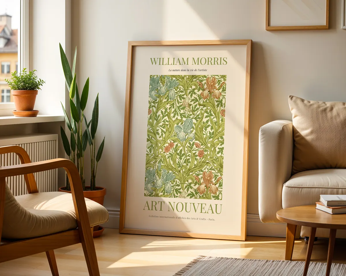 William Morris style botanical art nouveau poster with a dense pattern of leaves and flowers in rich jewel greens and warm earth tones. — photo 2