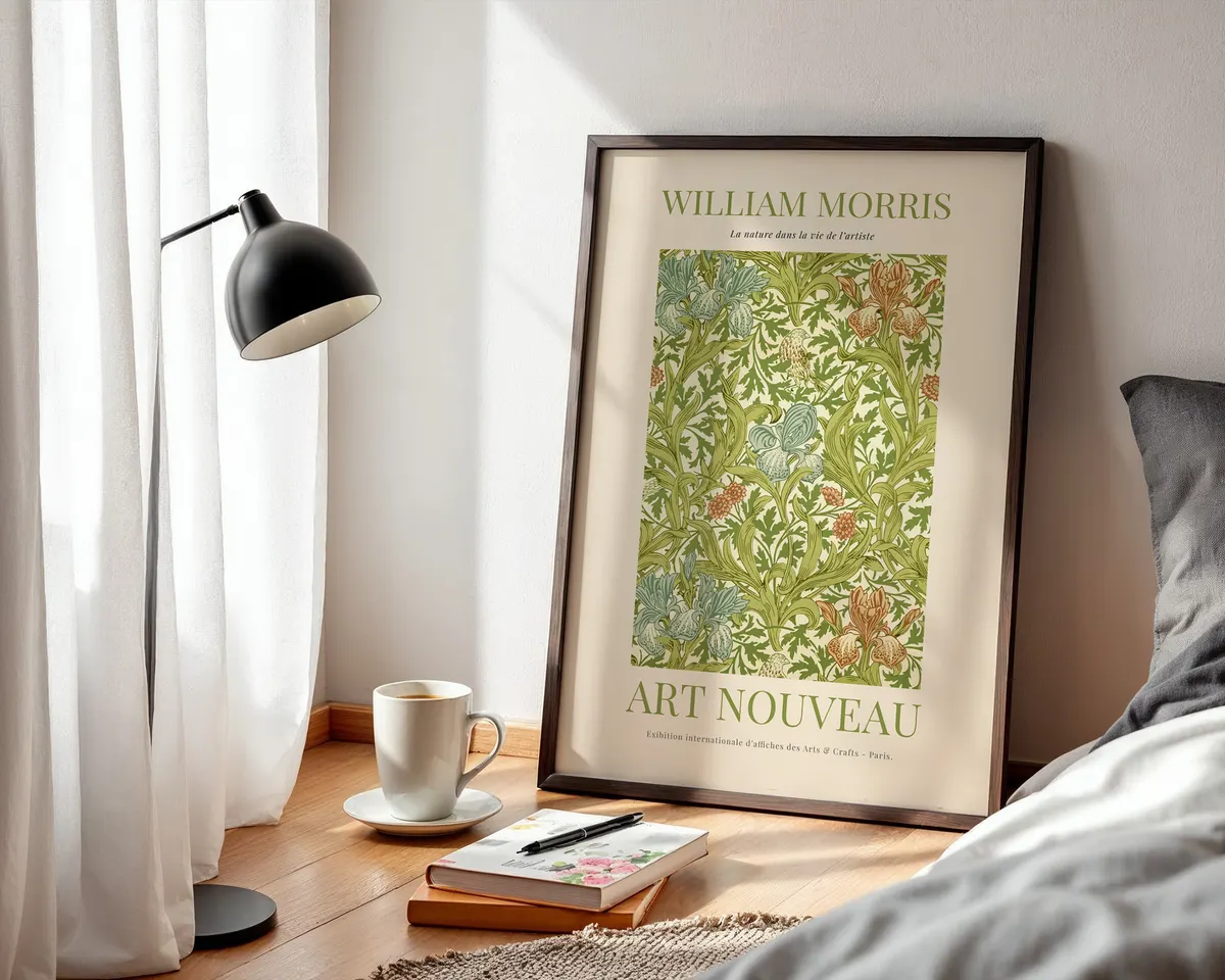 William Morris style botanical art nouveau poster with a dense pattern of leaves and flowers in rich jewel greens and warm earth tones. — photo 3