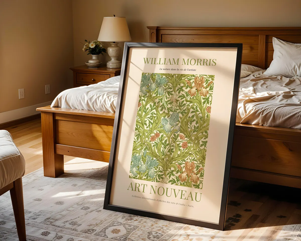 William Morris style botanical art nouveau poster with a dense pattern of leaves and flowers in rich jewel greens and warm earth tones. — photo 4