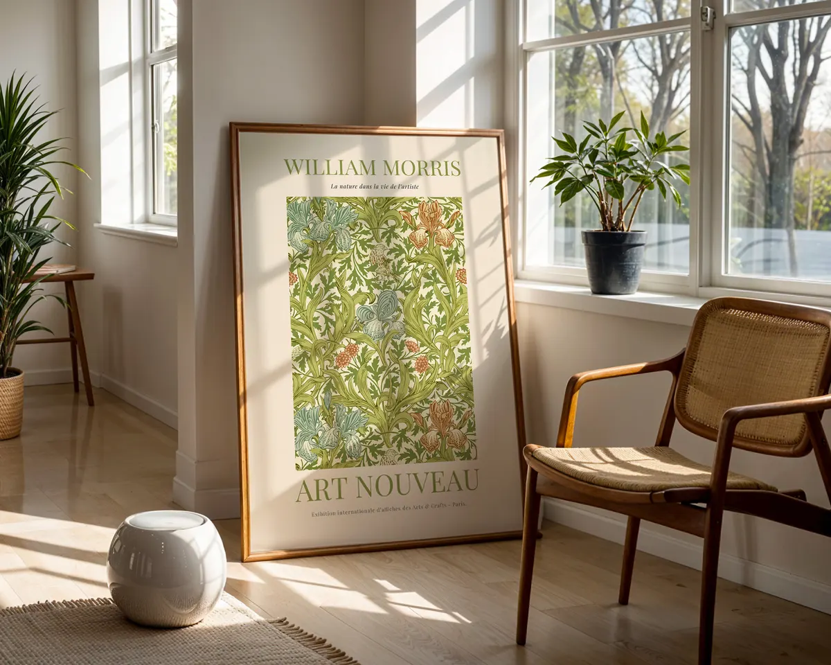 William Morris style botanical art nouveau poster with a dense pattern of leaves and flowers in rich jewel greens and warm earth tones. — photo 5
