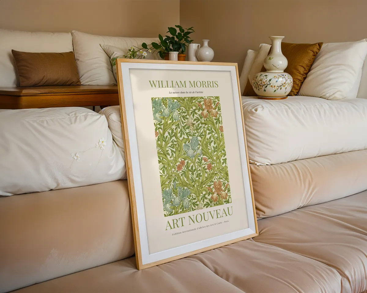William Morris style botanical art nouveau poster with a dense pattern of leaves and flowers in rich jewel greens and warm earth tones. — photo 6