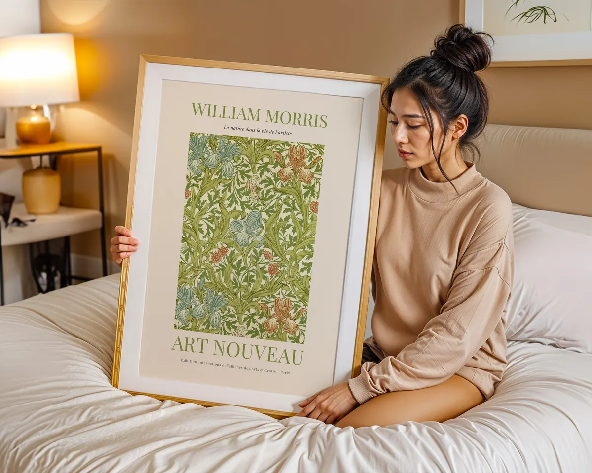 William Morris style botanical art nouveau poster with a dense pattern of leaves and flowers in rich jewel greens and warm earth tones. — photo 7