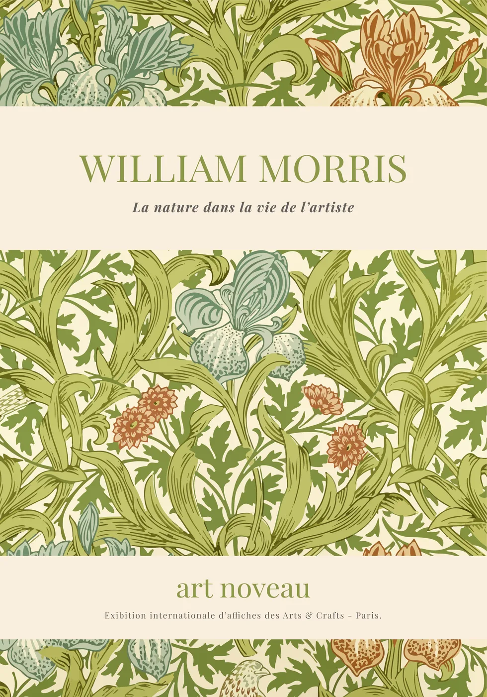 Art nouveau botanical wall poster in William Morris style with interwoven leaves and blossoms in earth tones and emerald greens.