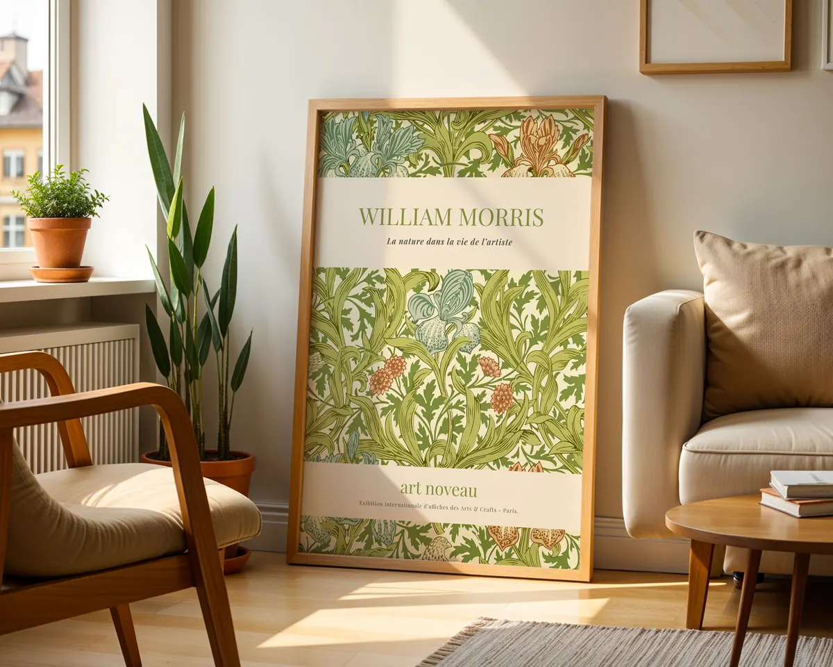 Art nouveau botanical wall poster in William Morris style with interwoven leaves and blossoms in earth tones and emerald greens. — photo 2