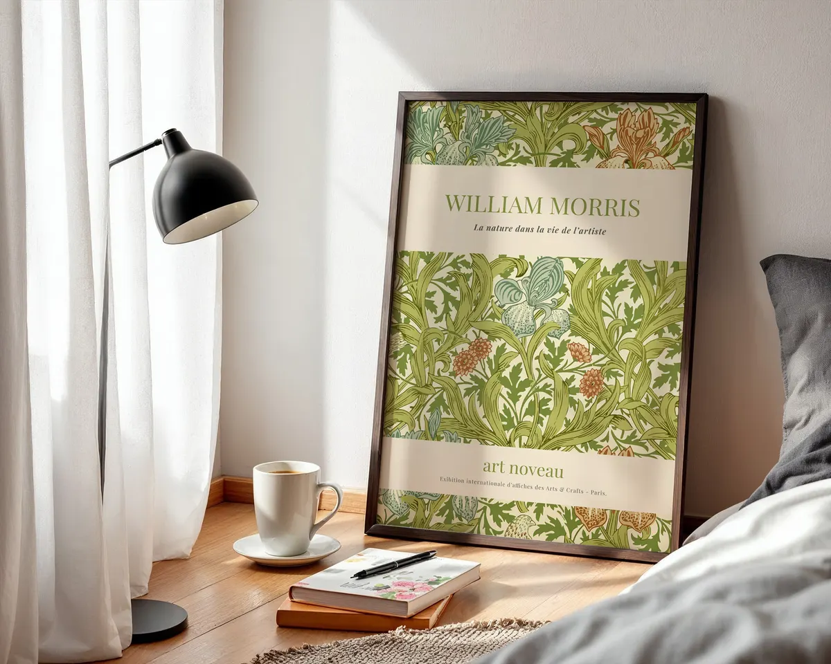 Art nouveau botanical wall poster in William Morris style with interwoven leaves and blossoms in earth tones and emerald greens. — photo 3