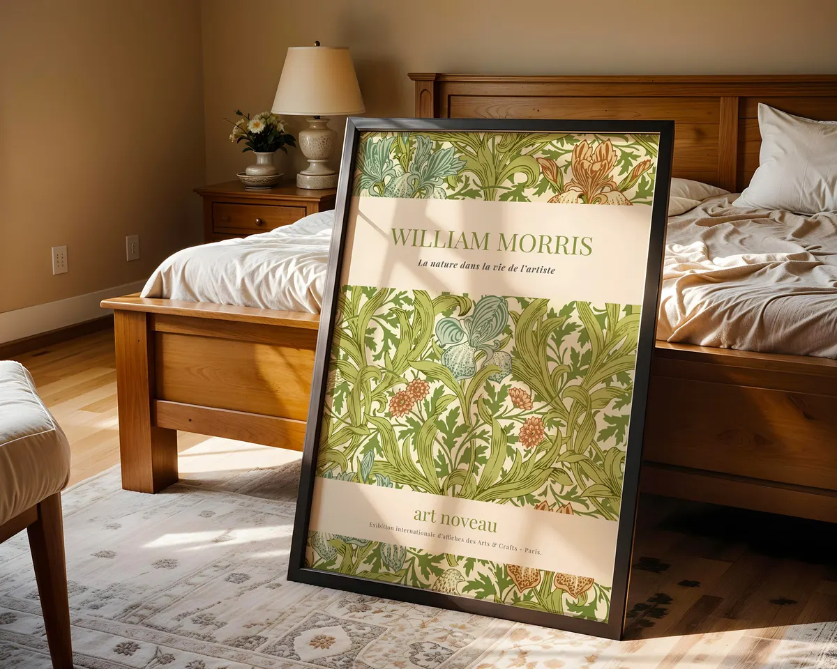 Art nouveau botanical wall poster in William Morris style with interwoven leaves and blossoms in earth tones and emerald greens. — photo 4