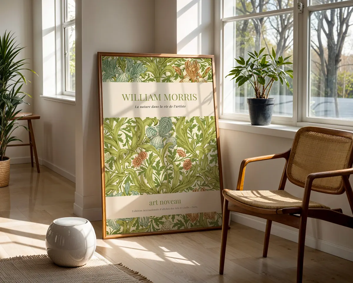 Art nouveau botanical wall poster in William Morris style with interwoven leaves and blossoms in earth tones and emerald greens. — photo 5