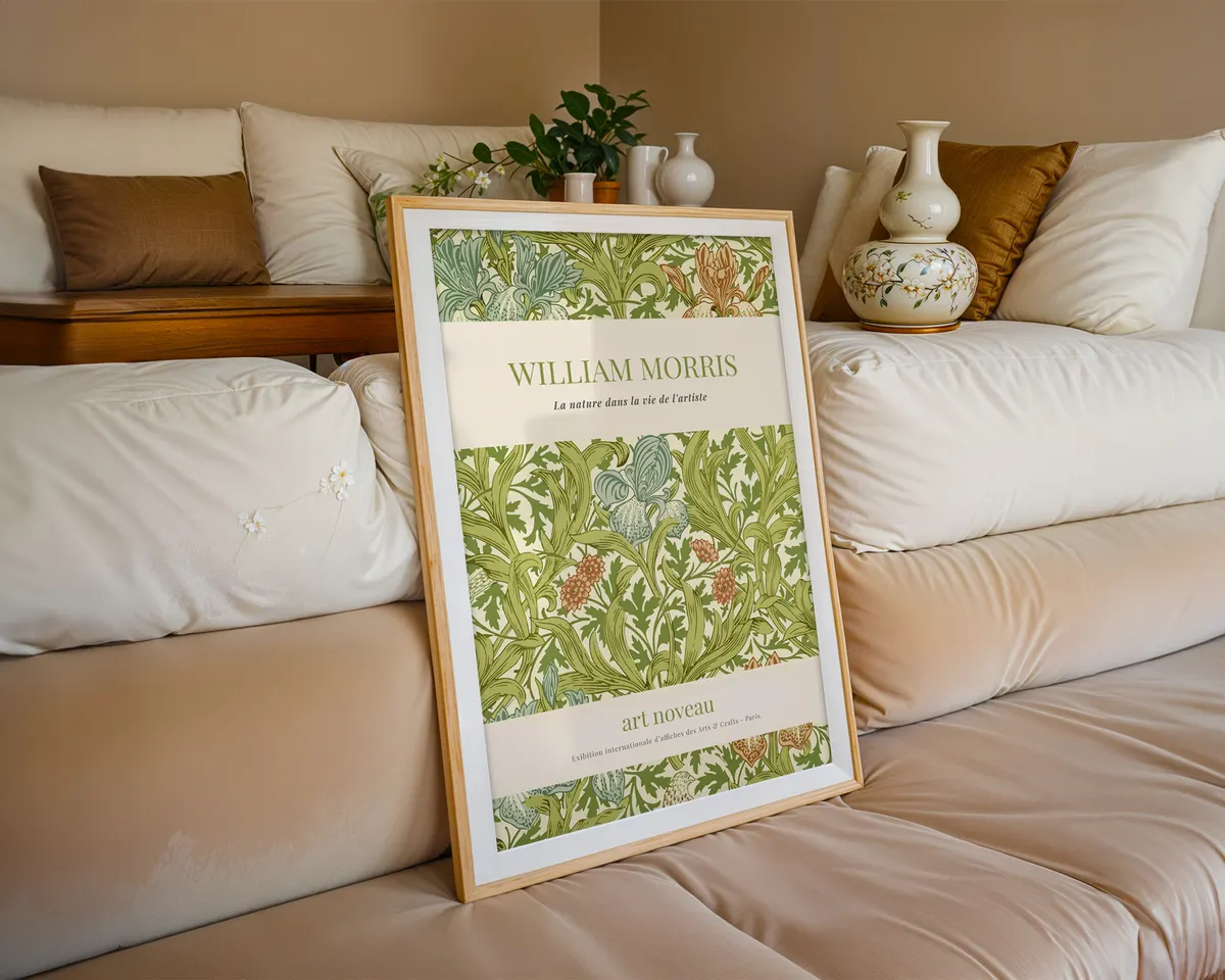Art nouveau botanical wall poster in William Morris style with interwoven leaves and blossoms in earth tones and emerald greens. — photo 6