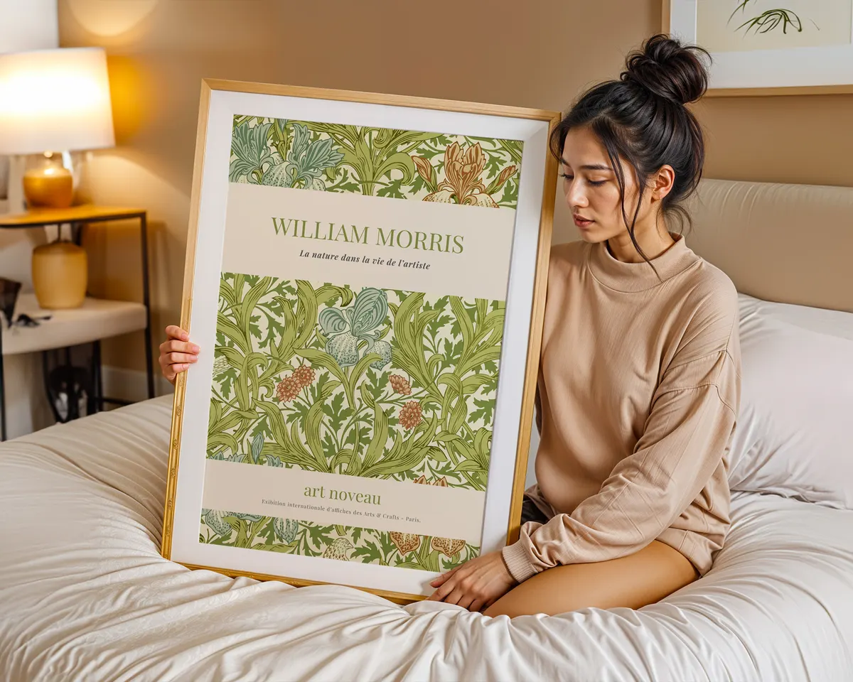 Art nouveau botanical wall poster in William Morris style with interwoven leaves and blossoms in earth tones and emerald greens. — photo 7