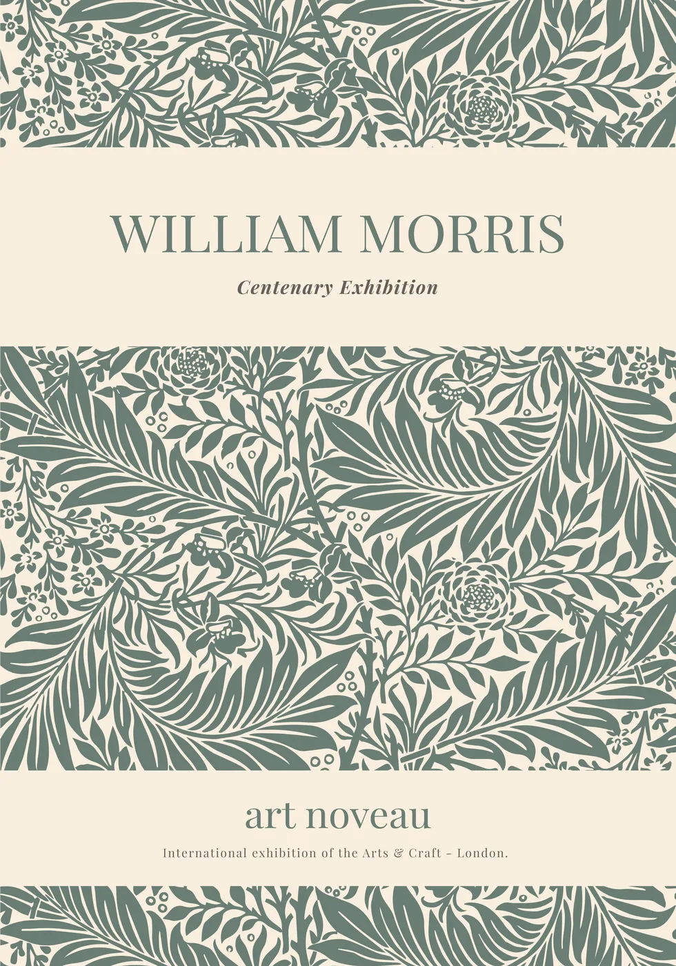 Victorian botanical exhibition poster in William Morris style with layered foliage and flowers in deep forest greens and warm browns.