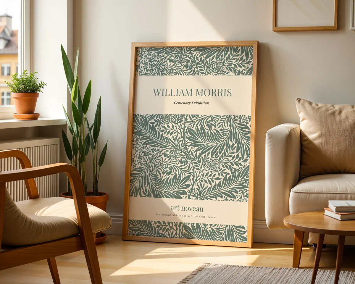 Victorian botanical exhibition poster in William Morris style with layered foliage and flowers in deep forest greens and warm browns. — photo 2