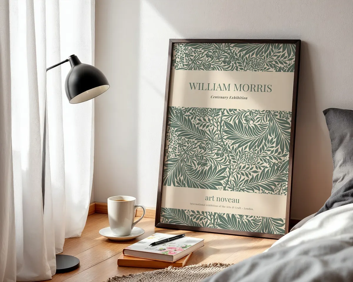 Victorian botanical exhibition poster in William Morris style with layered foliage and flowers in deep forest greens and warm browns. — photo 3