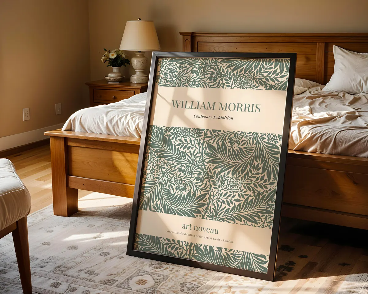 Victorian botanical exhibition poster in William Morris style with layered foliage and flowers in deep forest greens and warm browns. — photo 4