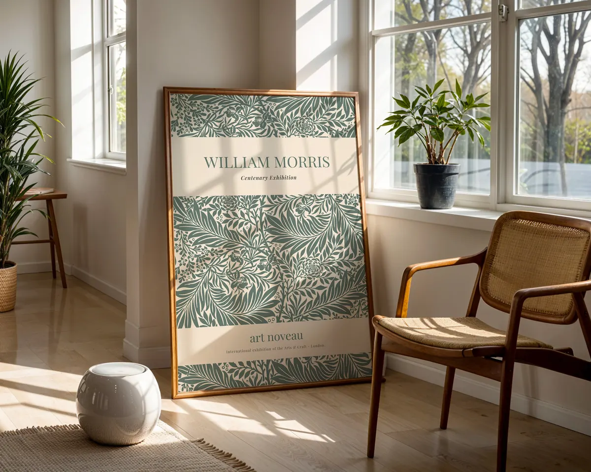 Victorian botanical exhibition poster in William Morris style with layered foliage and flowers in deep forest greens and warm browns. — photo 5