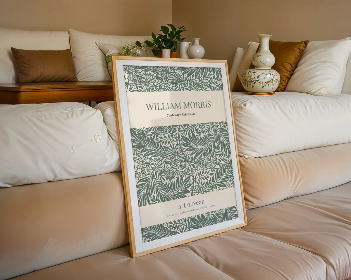Victorian botanical exhibition poster in William Morris style with layered foliage and flowers in deep forest greens and warm browns. — photo 6