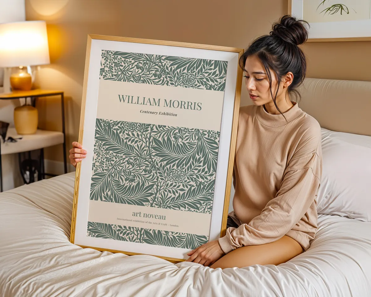 Victorian botanical exhibition poster in William Morris style with layered foliage and flowers in deep forest greens and warm browns. — photo 7