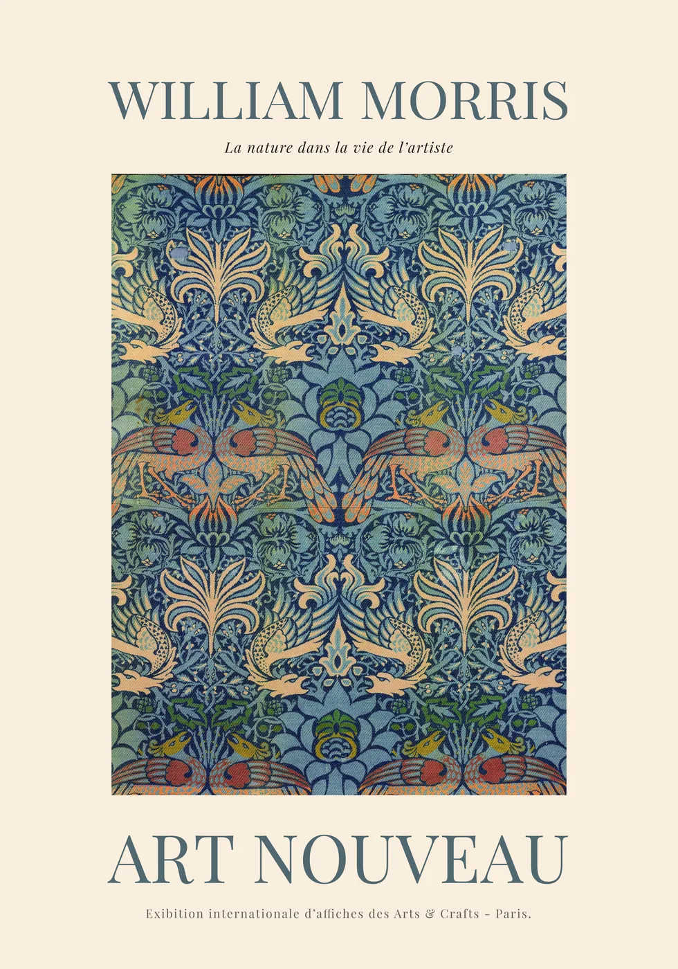 Arts and crafts floral poster in William Morris style with a bold repeating pattern in rich jewel greens and warm ochre tones.
