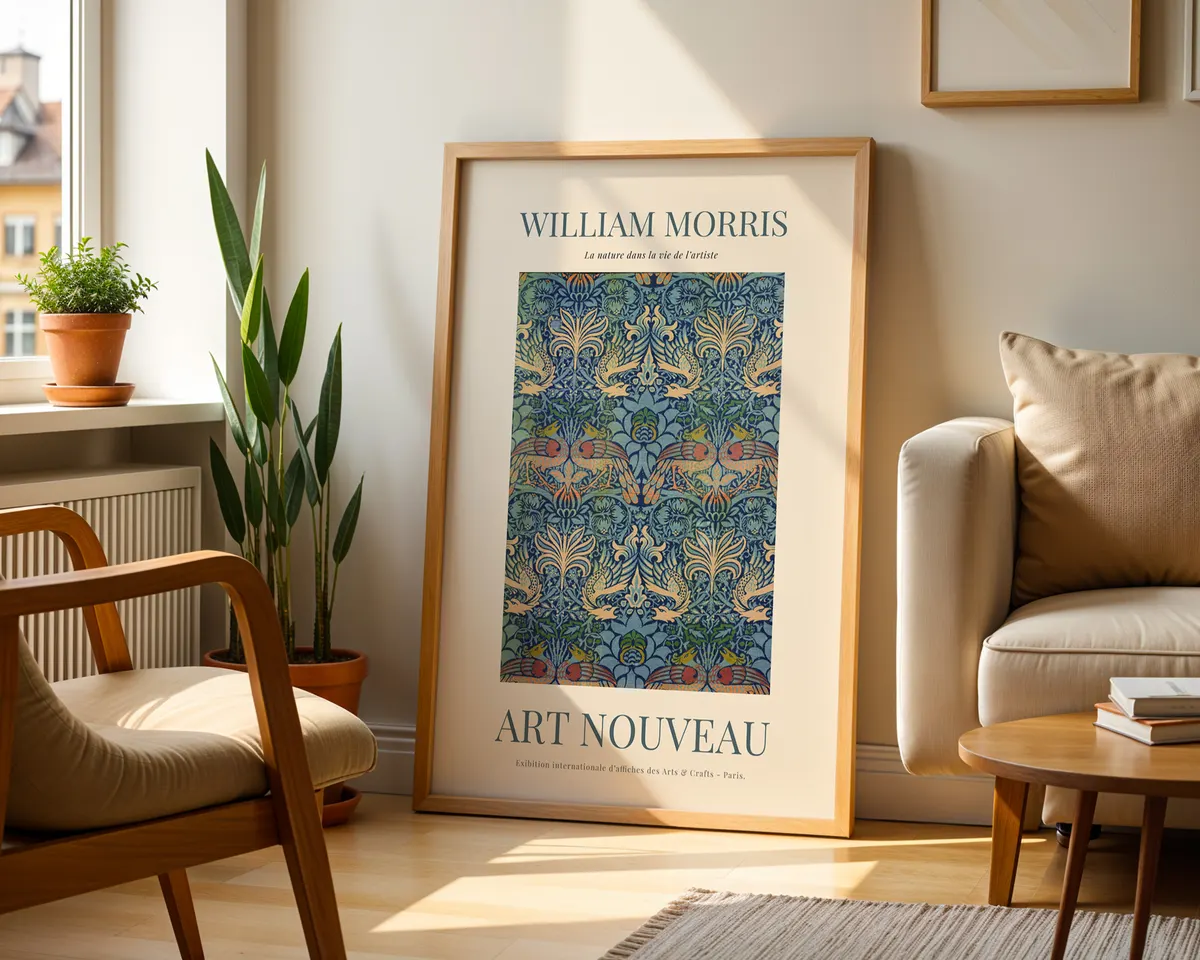 Arts and crafts floral poster in William Morris style with a bold repeating pattern in rich jewel greens and warm ochre tones. — photo 2