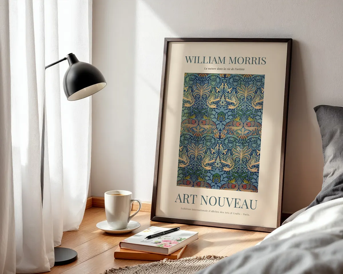 Arts and crafts floral poster in William Morris style with a bold repeating pattern in rich jewel greens and warm ochre tones. — photo 3