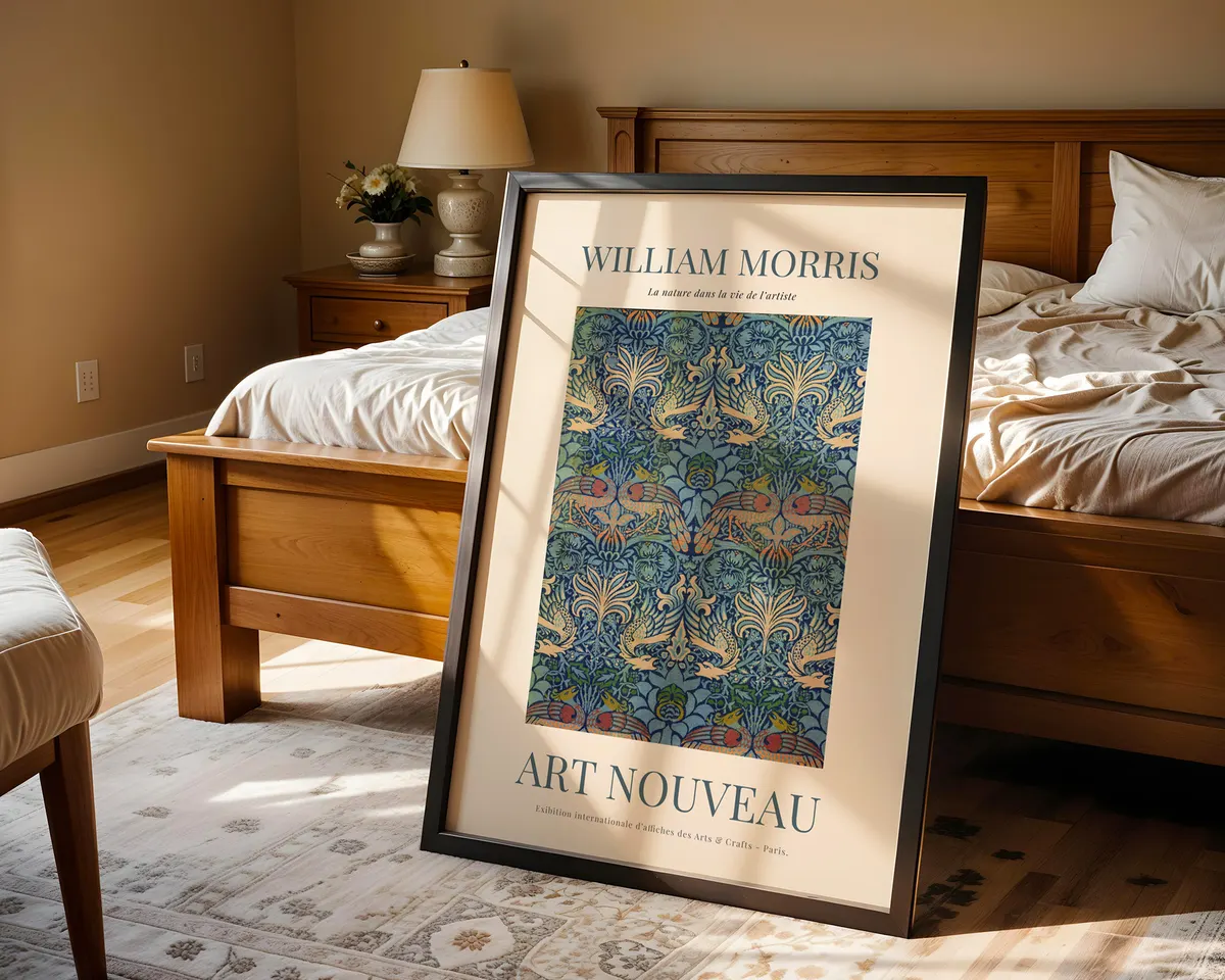 Arts and crafts floral poster in William Morris style with a bold repeating pattern in rich jewel greens and warm ochre tones. — photo 4