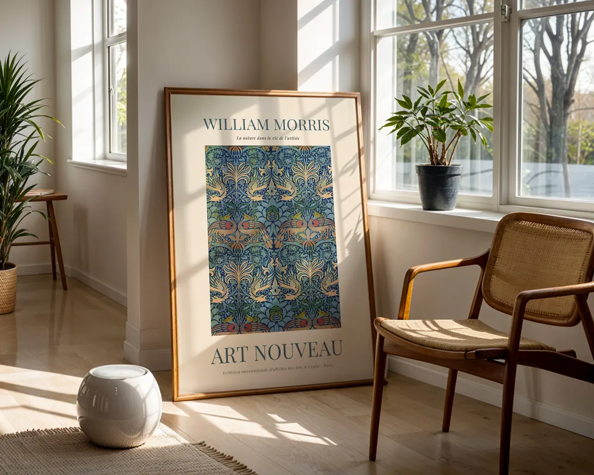 Arts and crafts floral poster in William Morris style with a bold repeating pattern in rich jewel greens and warm ochre tones. — photo 5
