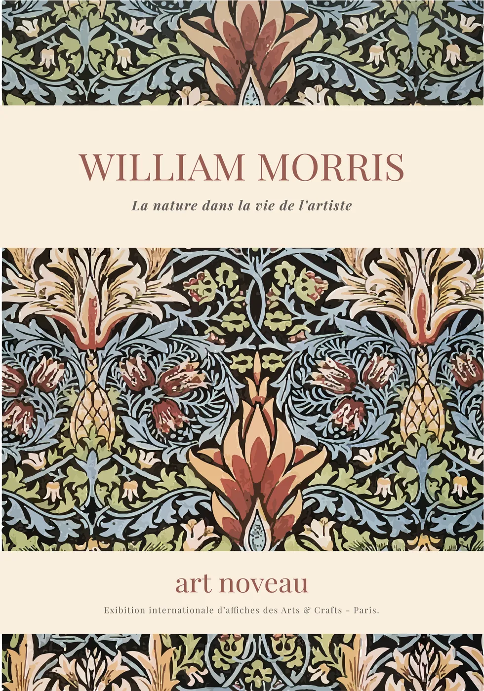 Vintage William Morris style floral poster with intricate botanical pattern in saturated deep greens and burgundy jewel tones.