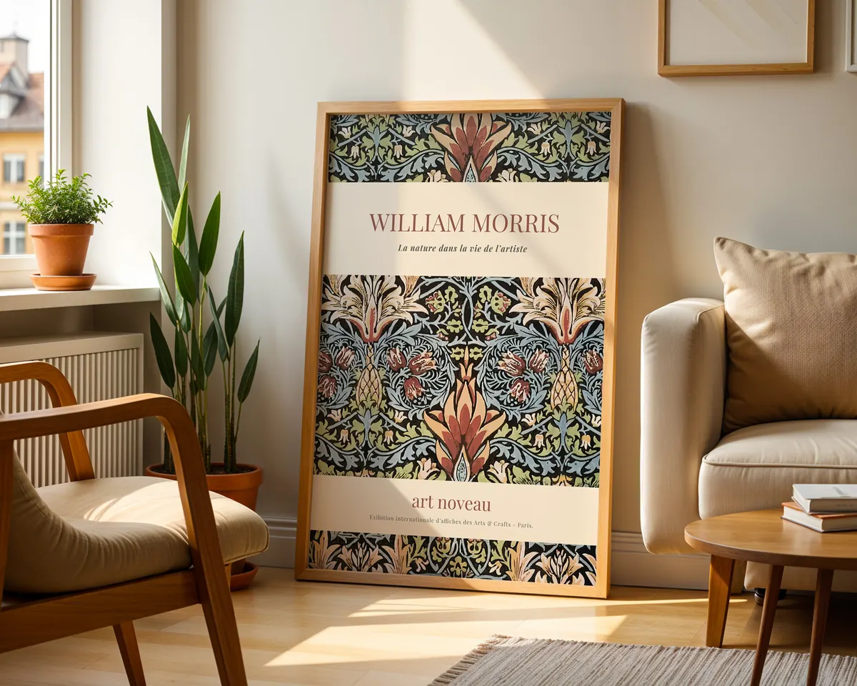 Vintage William Morris style floral poster with intricate botanical pattern in saturated deep greens and burgundy jewel tones. — photo 2