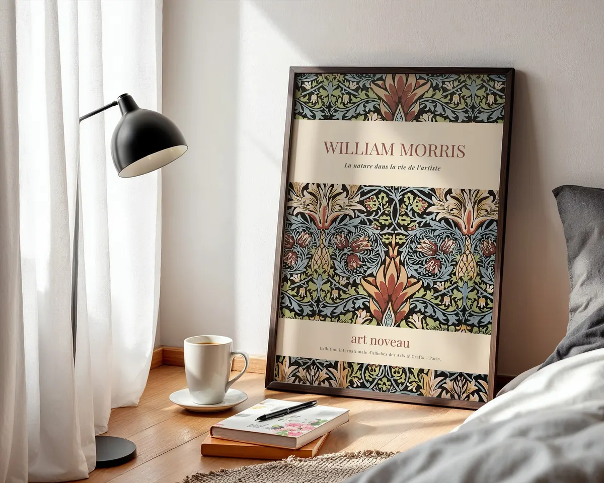 Vintage William Morris style floral poster with intricate botanical pattern in saturated deep greens and burgundy jewel tones. — photo 3